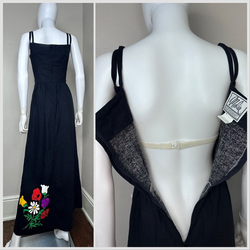 Vintage 1970s Black Maxi Dress With Floral Border Print, Malia Size Xxs/Xs — image 2 of 7